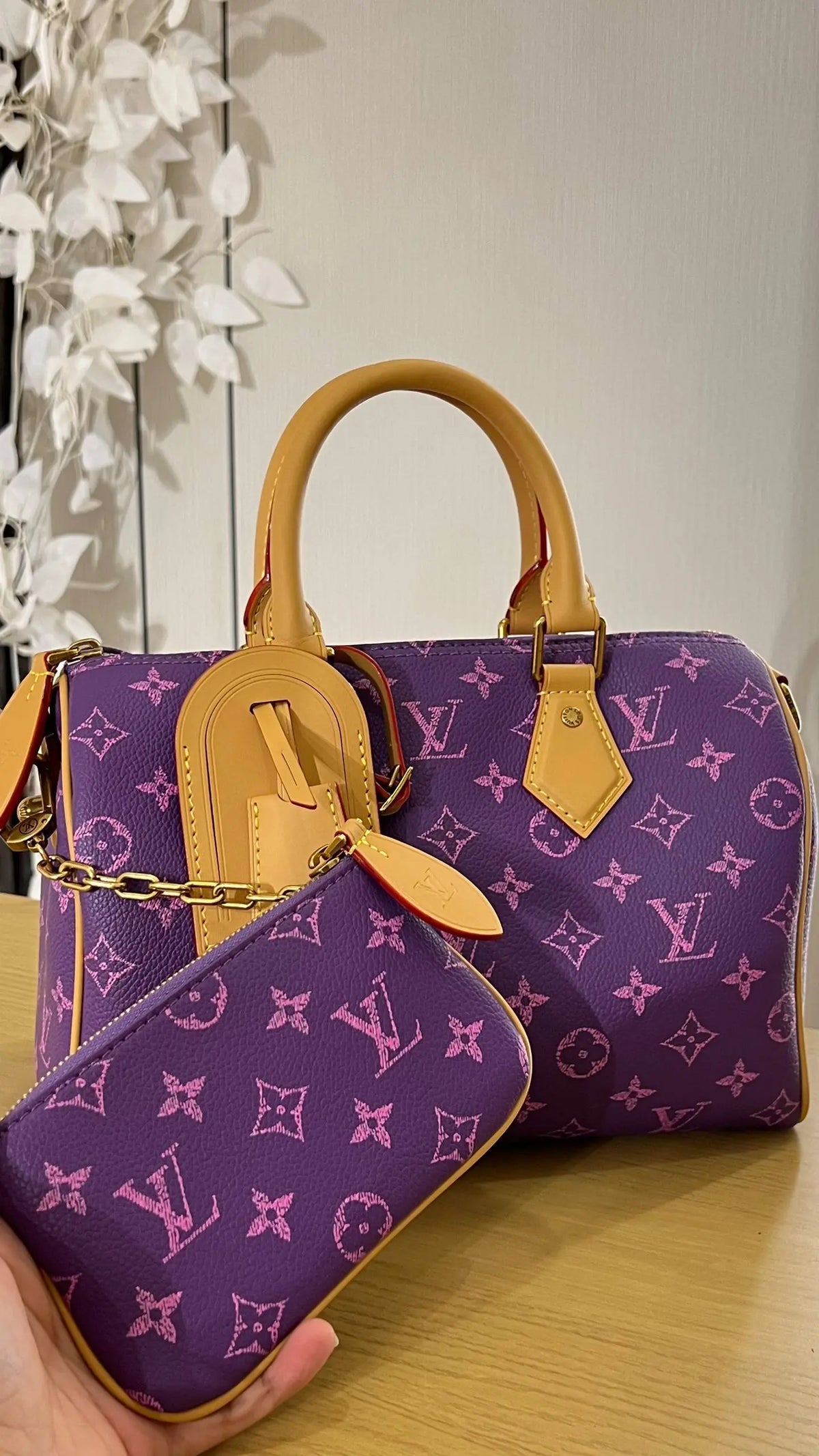 OUVALIA Luxury Edit | Louis Vuitton Speedy Bandoulière Bag Purple Monogram with Pouch