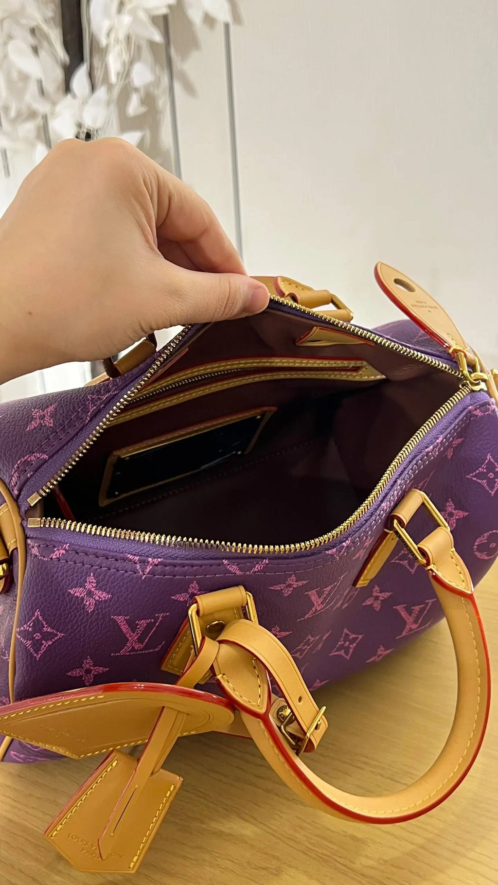 OUVALIA Luxury Edit | Louis Vuitton Speedy Bandoulière Bag Purple Monogram with Pouch