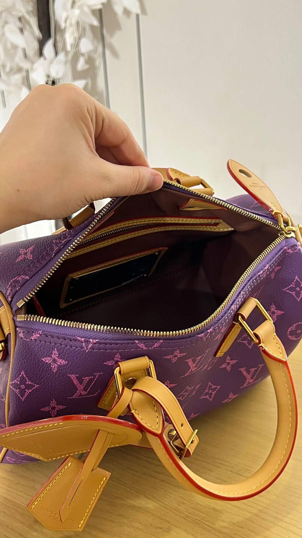 OUVALIA Luxury Edit | Louis Vuitton Speedy Bandoulière Bag Purple Monogram with Pouch