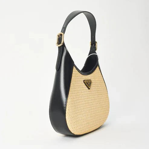 OUVALIA Luxury Edit | Prada Beige Raffia & Black Leather Small Cleo Bag