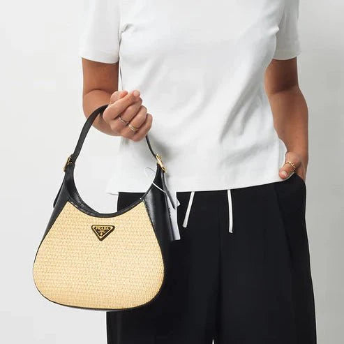 OUVALIA Luxury Edit | Prada Beige Raffia & Black Leather Small Cleo Bag