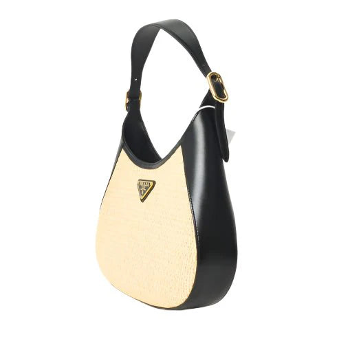 OUVALIA Luxury Edit | Prada Beige Raffia & Black Leather Small Cleo Bag