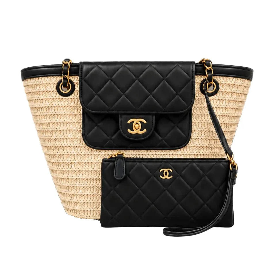 OUVALIA Luxury Edit | Chanel Raffia Braided Lambskin Large Shopping Tote Beige Black