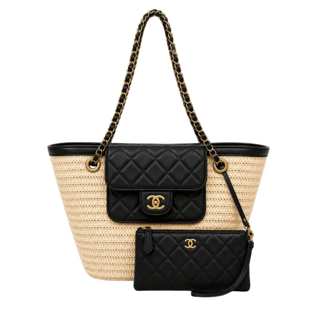 OUVALIA Luxury Edit | Chanel Raffia Braided Lambskin Large Shopping Tote Beige Black