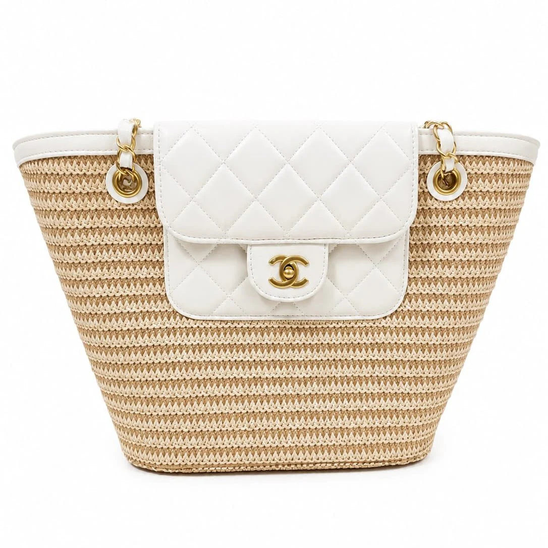 OUVALIA Luxury Edit | Chanel Raffia Braided Lambskin Large Shopping Tote Beige White