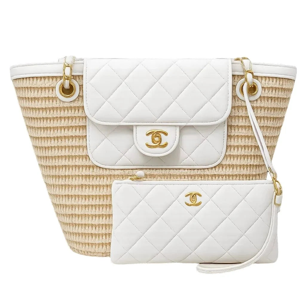 OUVALIA Luxury Edit | Chanel Raffia Braided Lambskin Large Shopping Tote Beige White