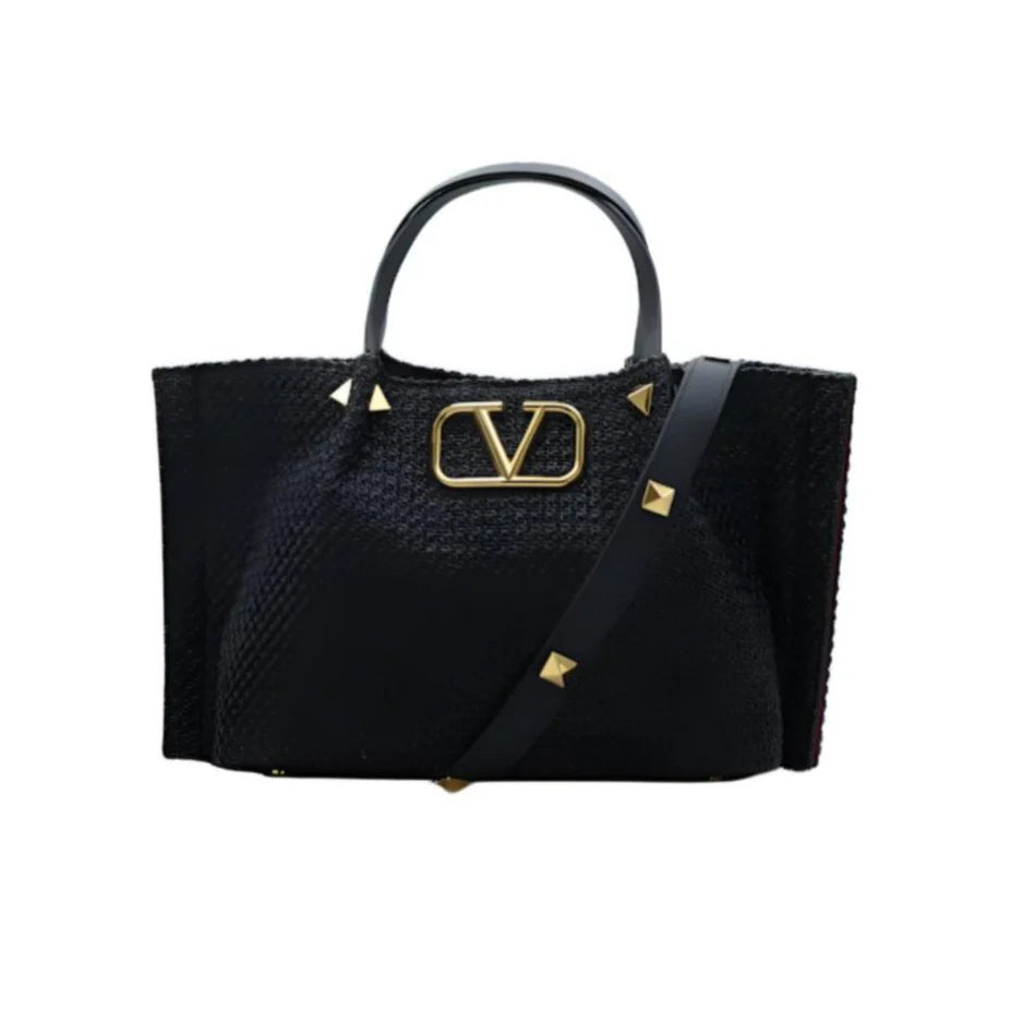 OUVALIA Luxury Edit | Valentino Garavani Medium Straw Summer Tote Natural Shopper Black