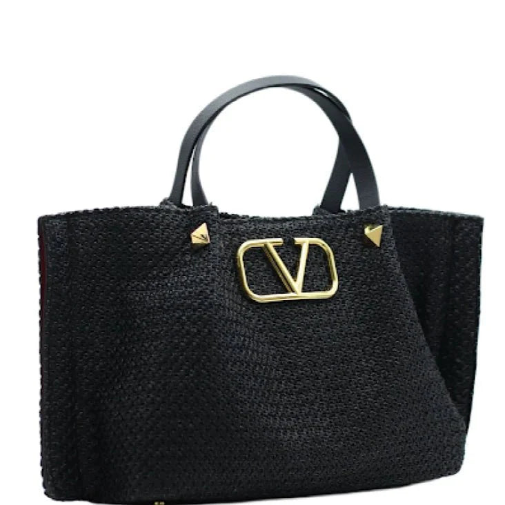 OUVALIA Luxury Edit | Valentino Garavani Medium Straw Summer Tote Natural Shopper Black