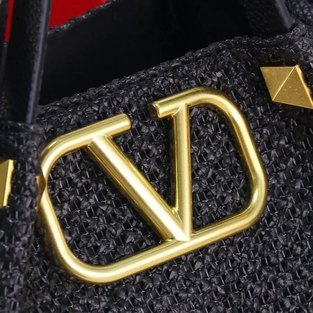 OUVALIA Luxury Edit | Valentino Garavani Medium Straw Summer Tote Natural Shopper Black