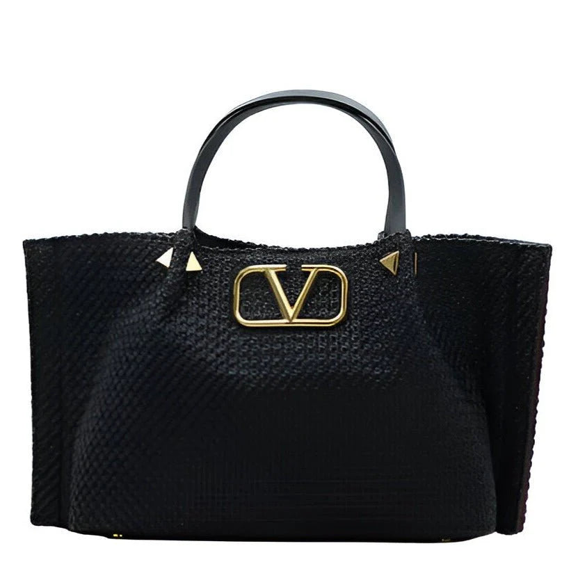 OUVALIA Luxury Edit | Valentino Garavani Medium Straw Summer Tote Natural Shopper Black