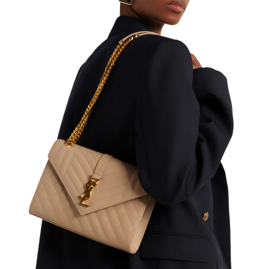 OUVALIA Luxury Edit | Yves Saint Laurent Cassandre Beige Quilted Leather Shoulder Bag