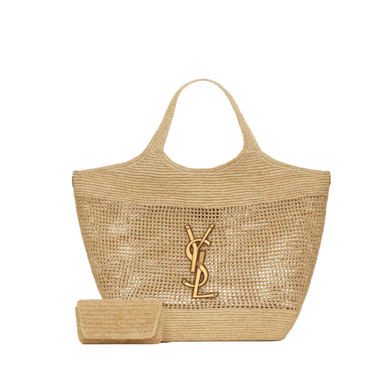 OUVALIA Luxury Edit | Yves Saint Laurent Icare In Raffia Naturel And Brown Gold