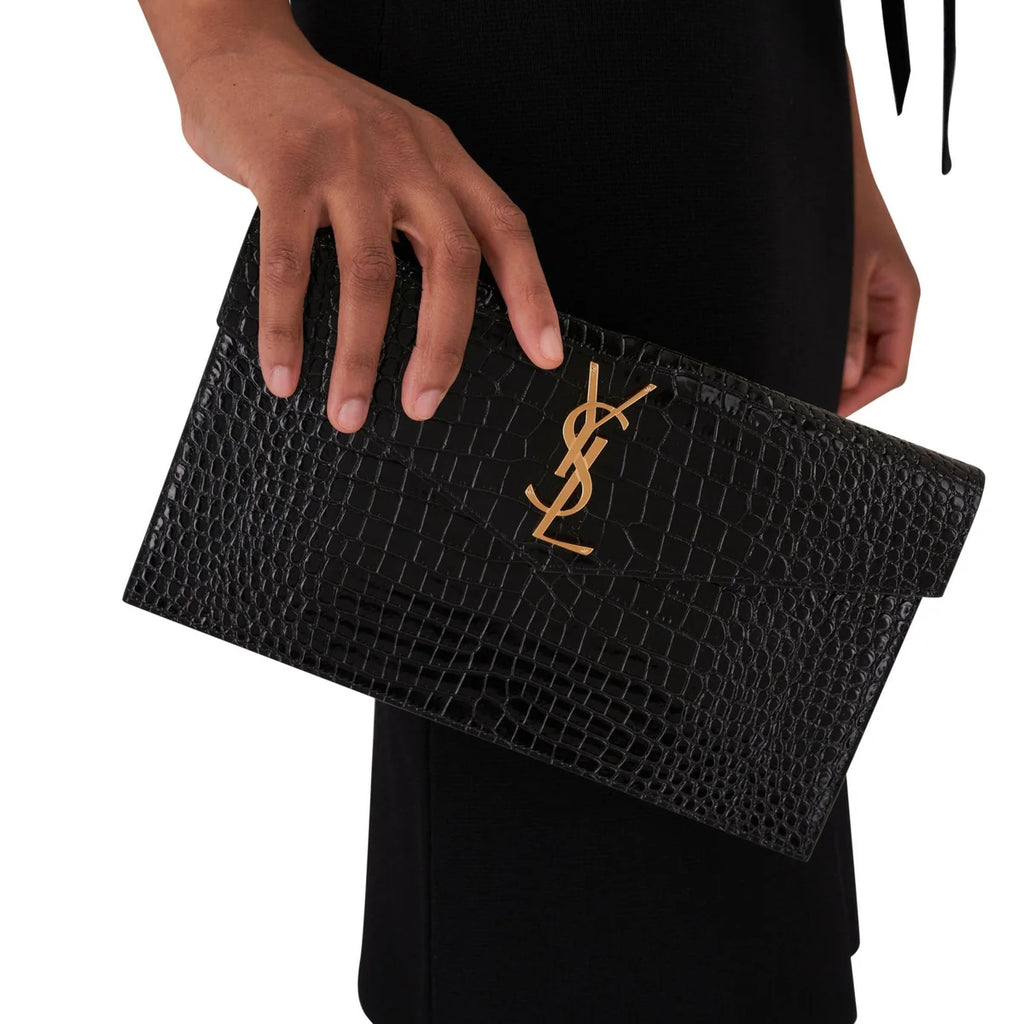 OUVALIA Luxury Edit | Yves Saint Laurent Uptown Patent Leather Clutch Black Bag