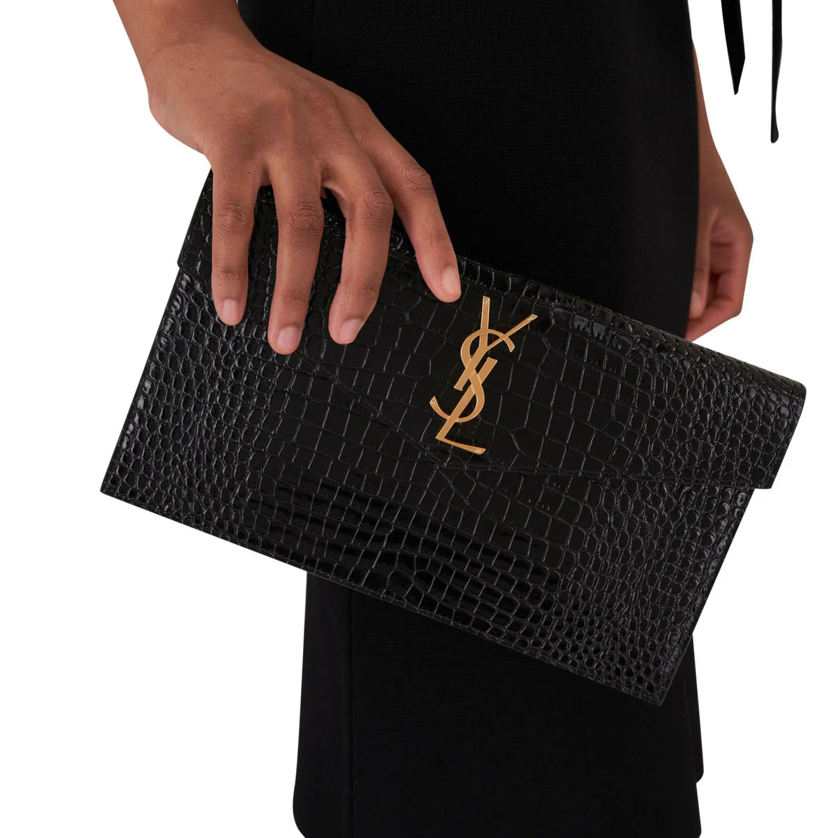 OUVALIA Luxury Edit | Yves Saint Laurent Uptown Patent Leather Clutch Black Bag