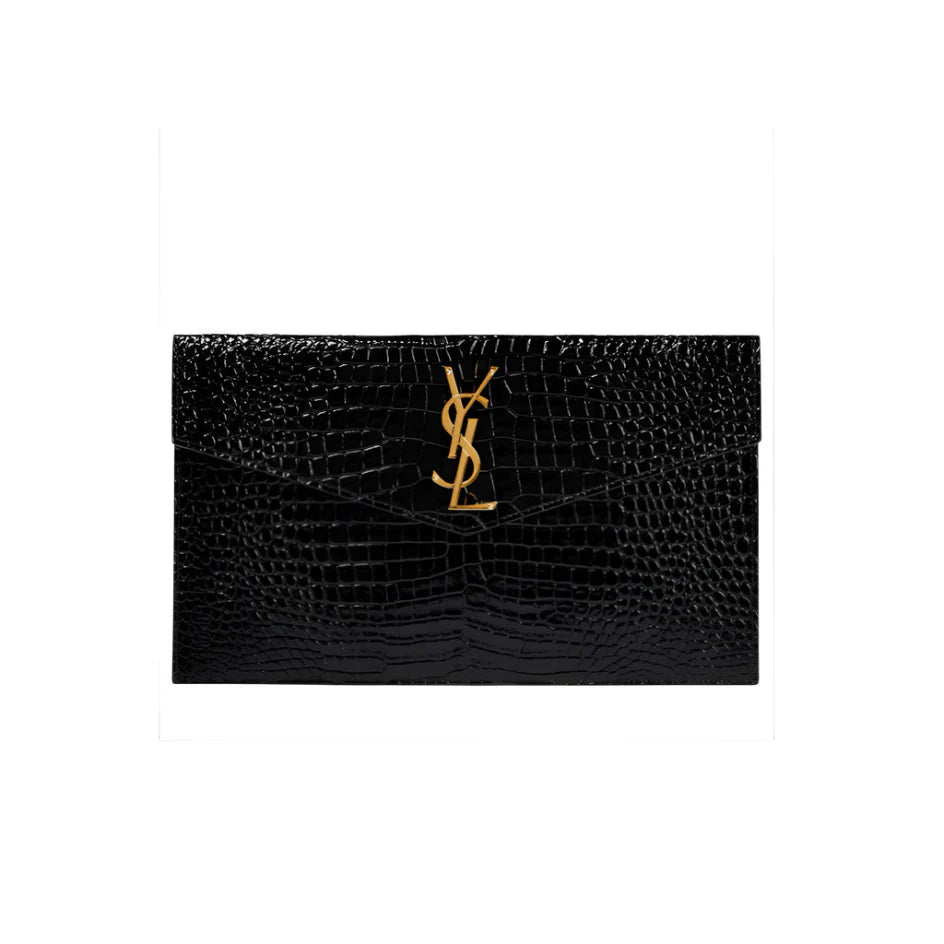 OUVALIA Luxury Edit | Yves Saint Laurent Uptown Patent Leather Clutch Black Bag